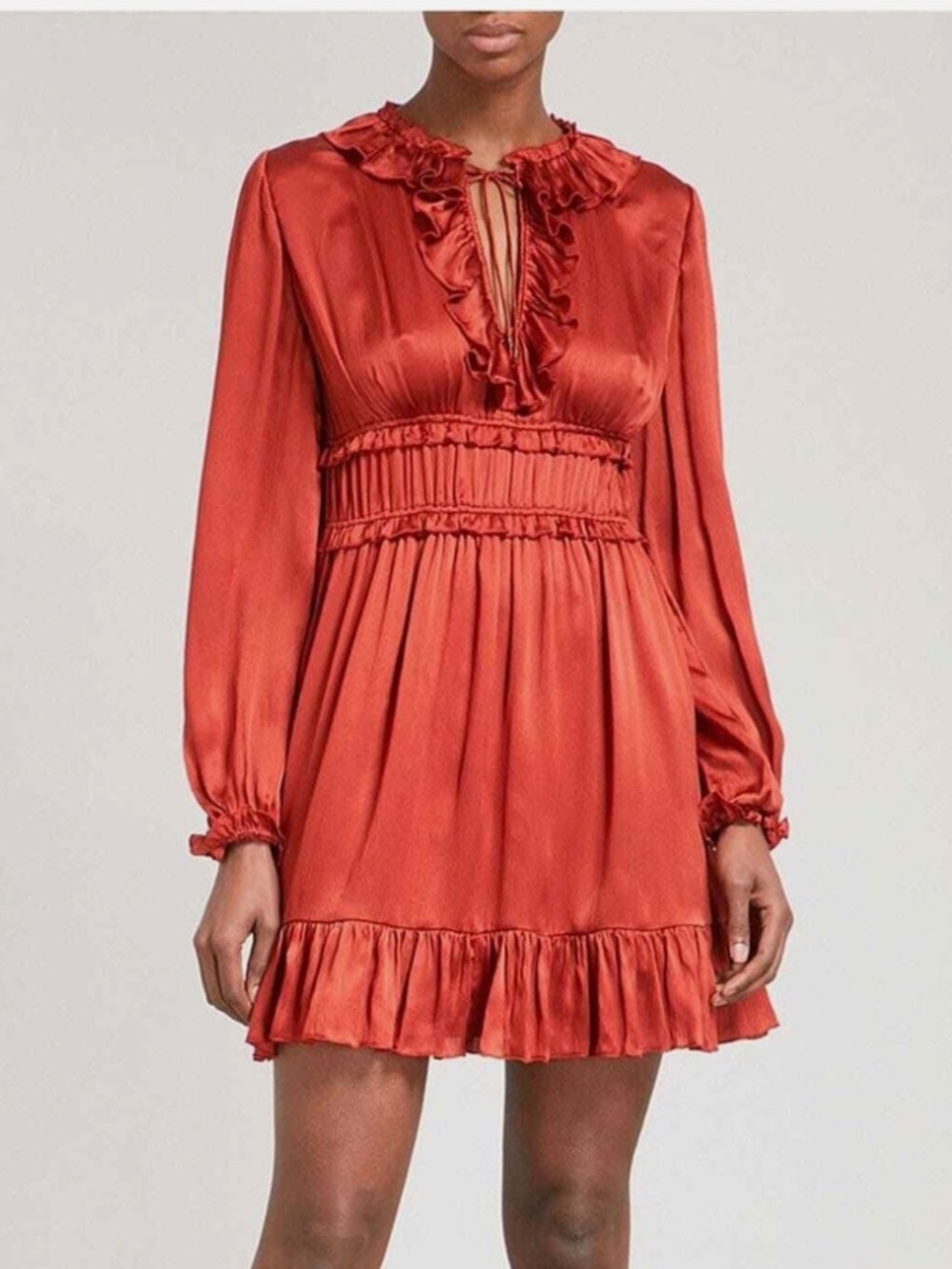 Ulla Johnson Silk Crimson Ruffle V-Neck Long Sleeve Dress Size 6